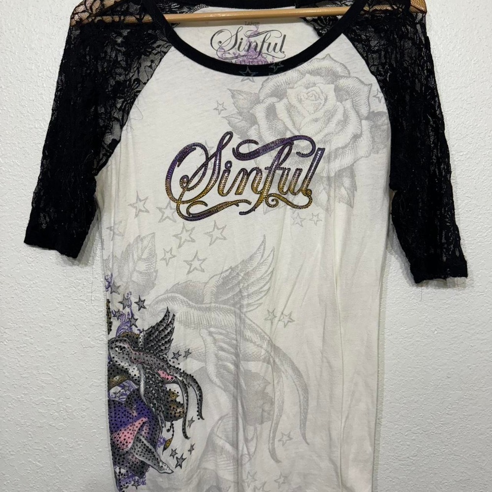 Sinful by affliction White and black lace sleeve top